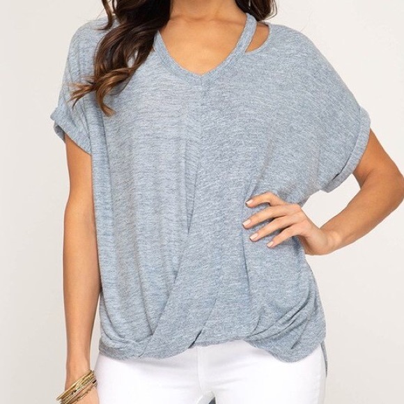 Cutout Surplus Boho Soft Blue Knit High Low Tee! - Picture 2 of 10